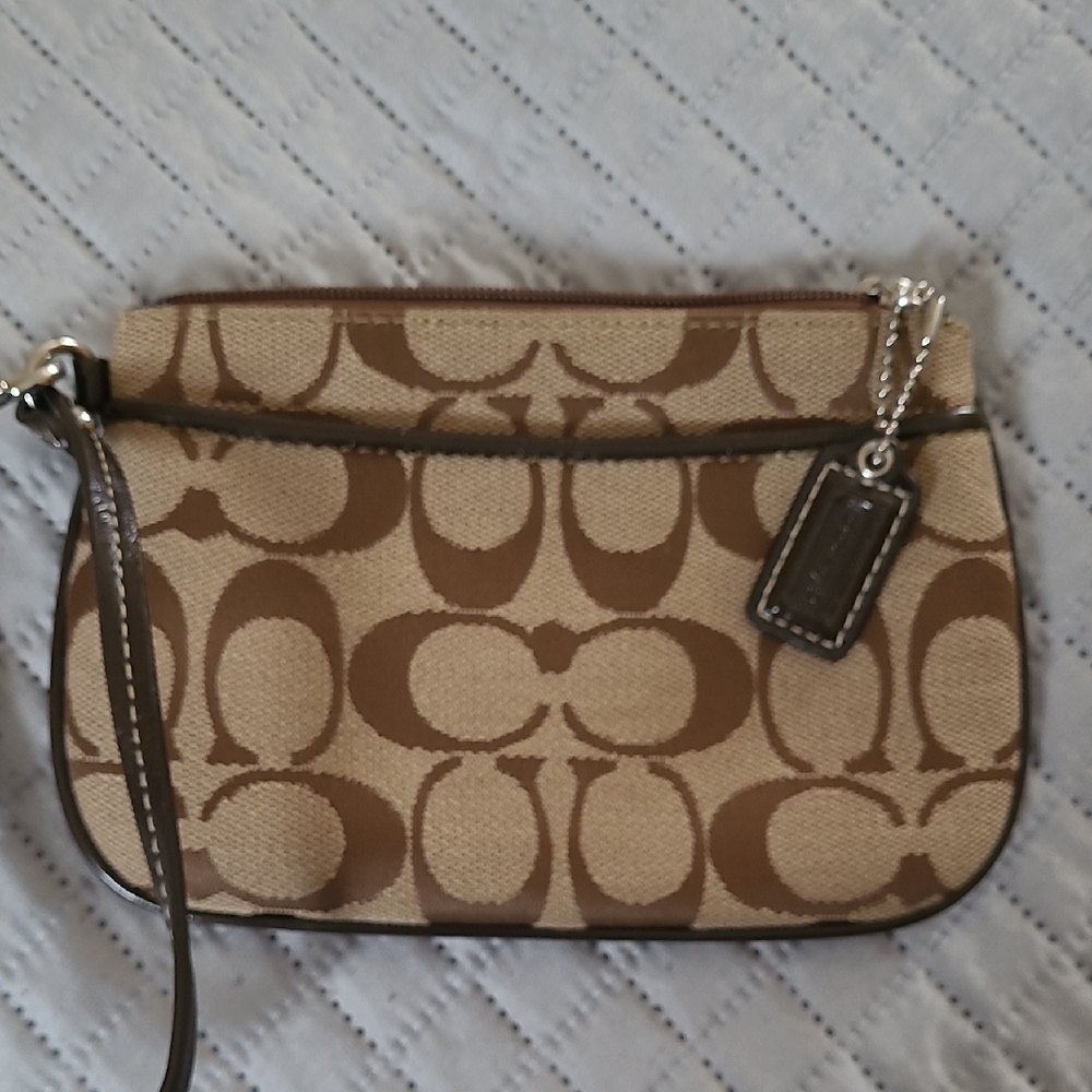 Coach Beige and Brown Signature Canvas Wristlet